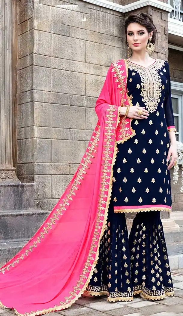 Pakistani Style Party Wear Georgette Palazzo Suit in Navy Blue Color - 3332889