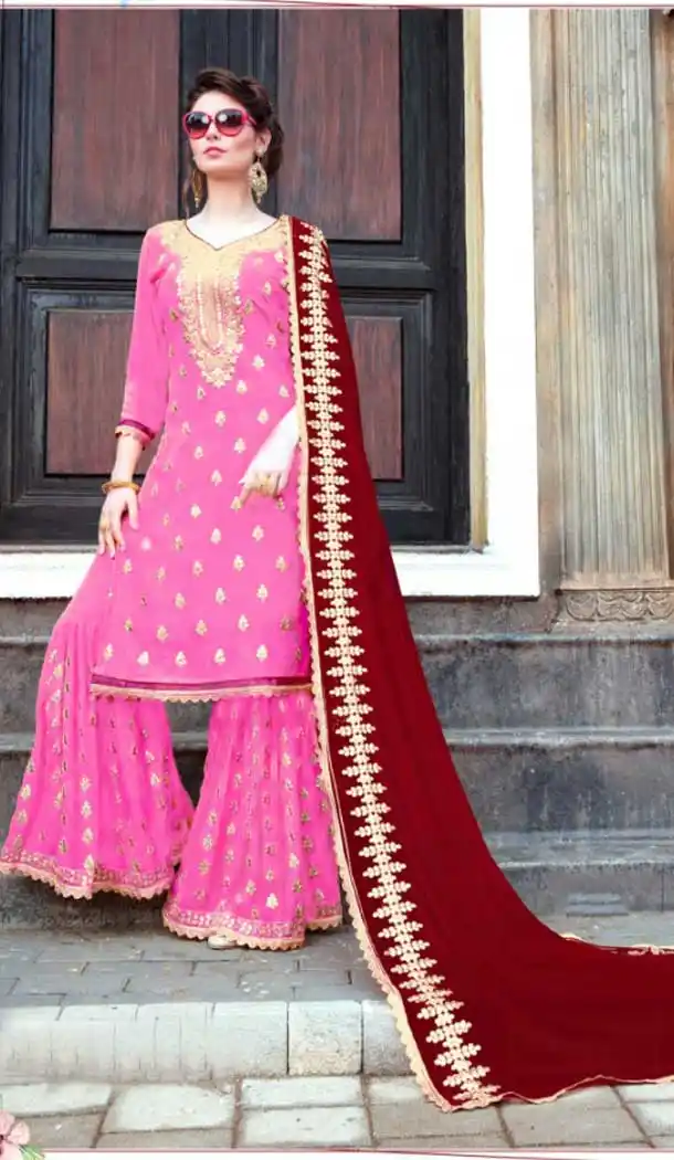 Pakitani Style Party Wear Georgette Palazzo Suit in Pink Color - 3332895