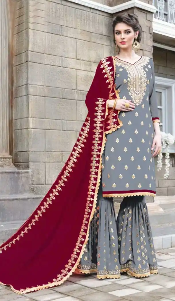 Pakitani Style Party Wear Georgette Palazzo Suit in Grey Color - 3332896