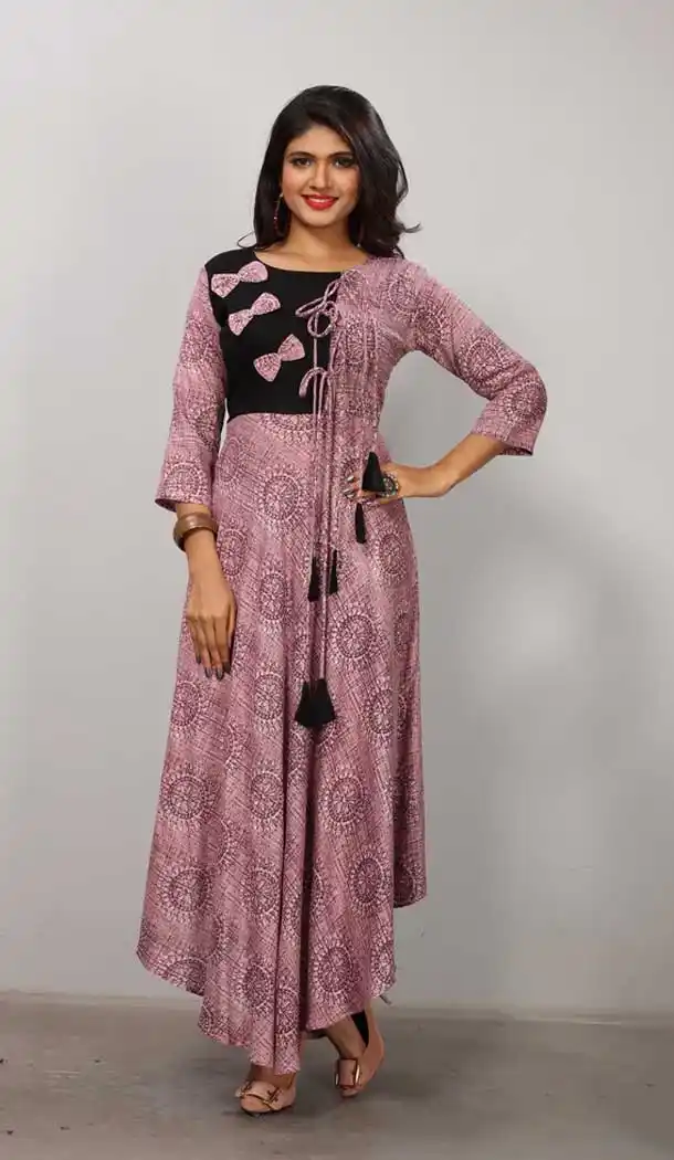 Purple Color Heavy Rayon Designer Ready made Long Kurti - 3342901