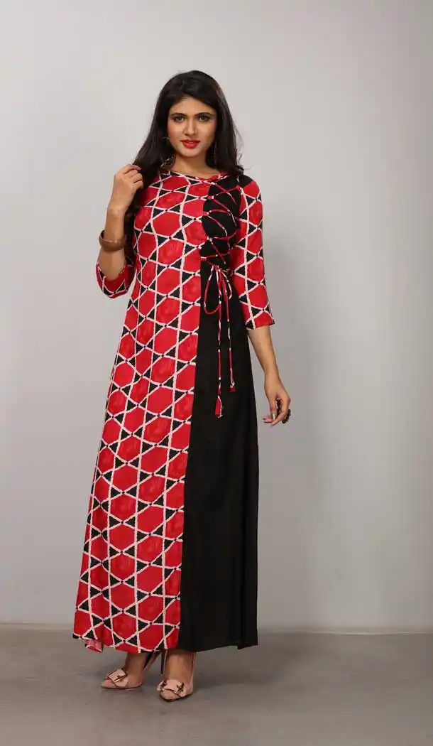 Red Black Color Heavy Rayon Designer Ready made Long Kurti - 3342903