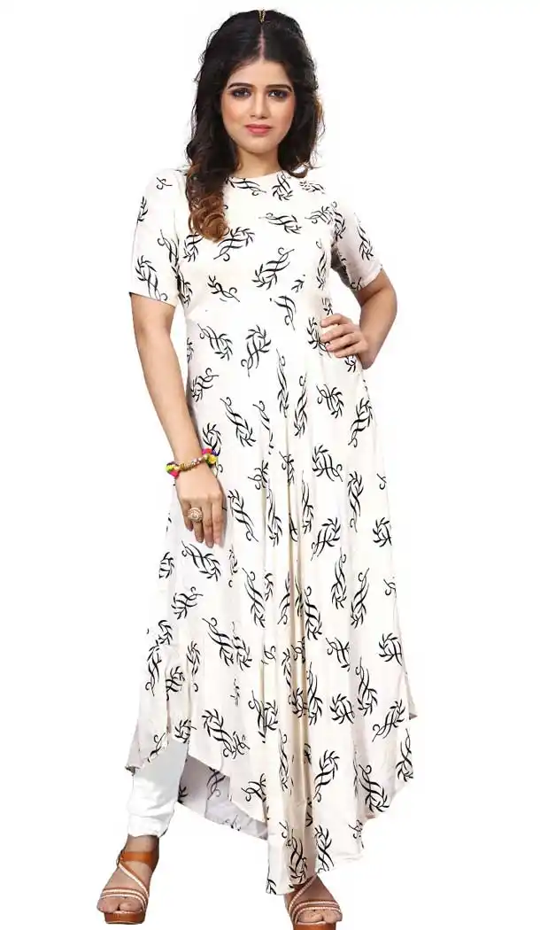 White Color Heavy Rayon Designer Ready made Long Kurti - 3342907