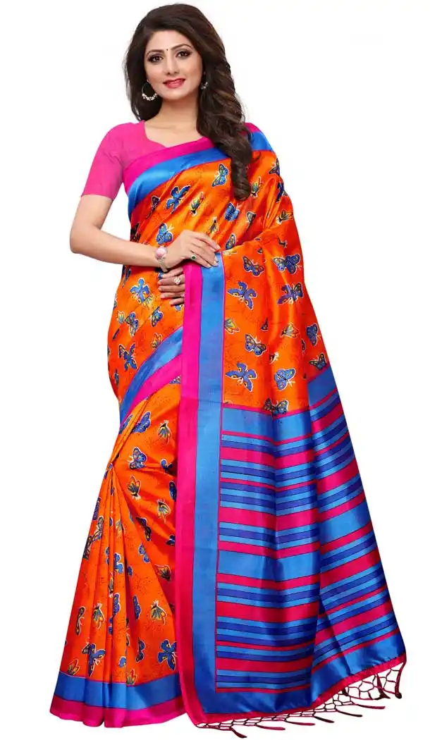 Mysore Silk Printed Causal Wear Saree in Orange Color - 387546670