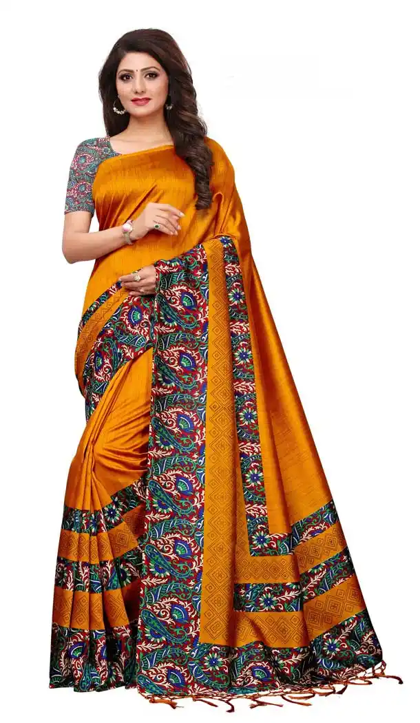 Mysore Silk Printed Causal Wear Saree in Goldenrod Color - 387546672
