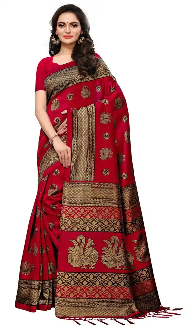 Mysore Silk Printed Causal Wear Saree in Red Color - 387546679