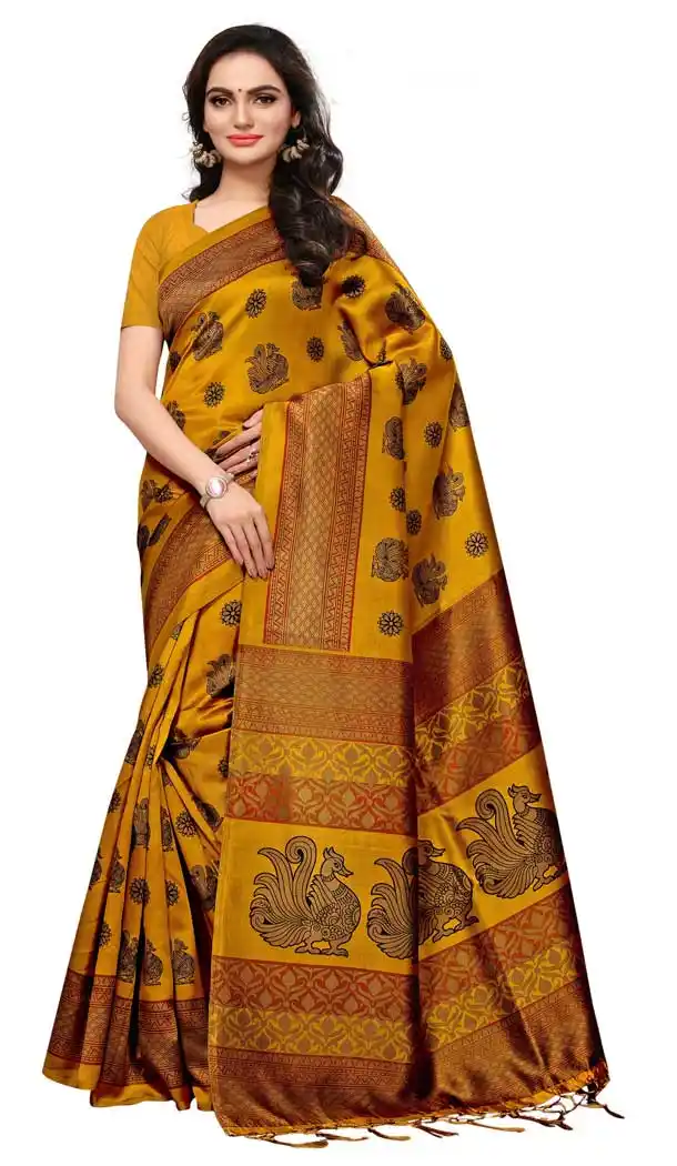 Mysore Silk Printed Causal Wear Saree in Goldenrod Color - 387546680