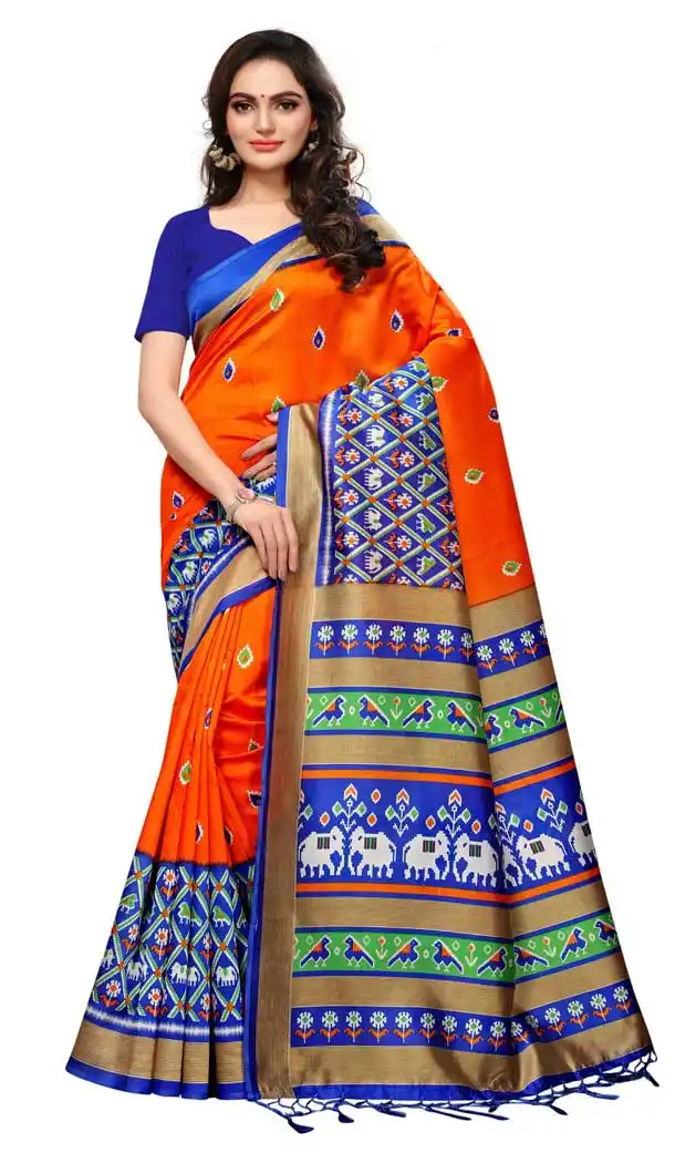 Mysore Silk Printed Causal Wear Saree in Orange Color - 387546685