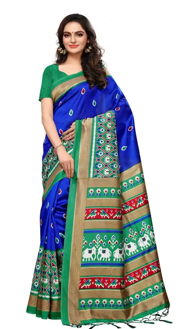 Mysore Silk Printed Causal Wear Saree in Navy Blue Color - 387546686