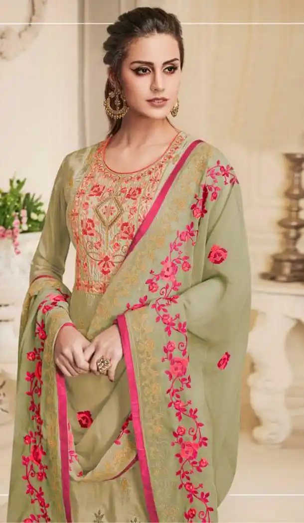 Pakistani Style Pure Upada Silk Mehendi Green Color Salwar Kameez - 393147364