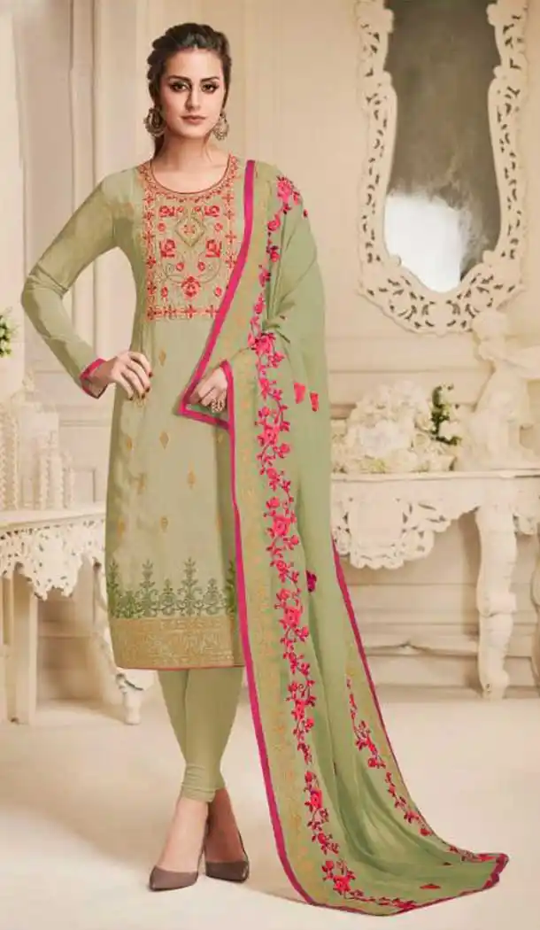 Pakistani Style Pure Upada Silk Mehendi Green Color Salwar Kameez - 393147364