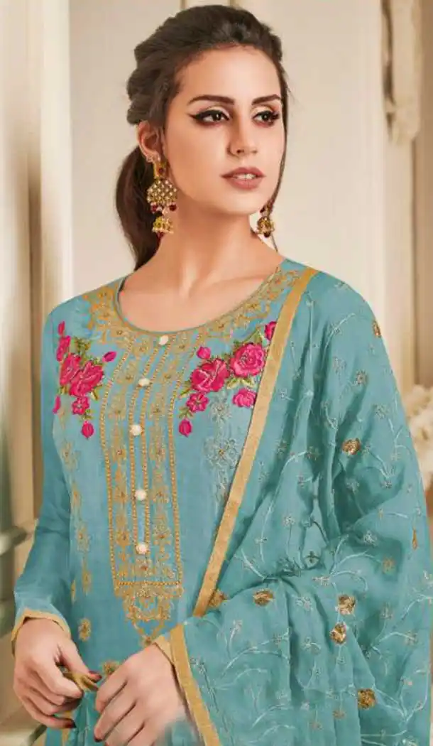 Pakistani Style Pure Upada Silk Aqua Blue Color Salwar Kameez - 393147366