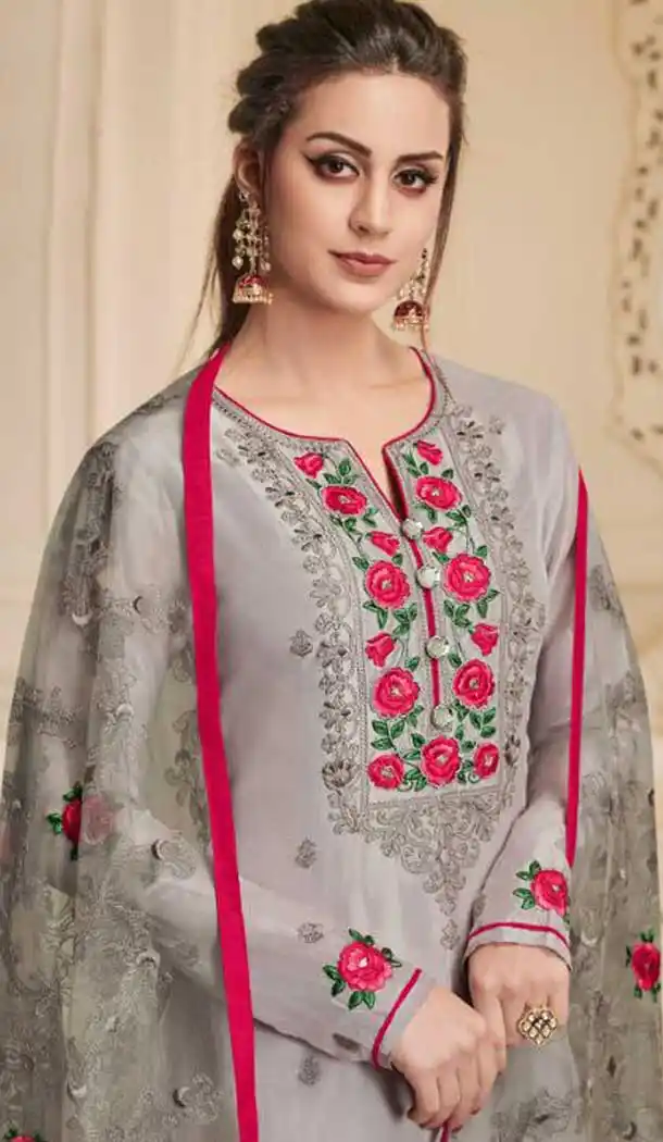 Pakistani Style Pure Upada Silk Grey Color Salwar Kameez - 393147367