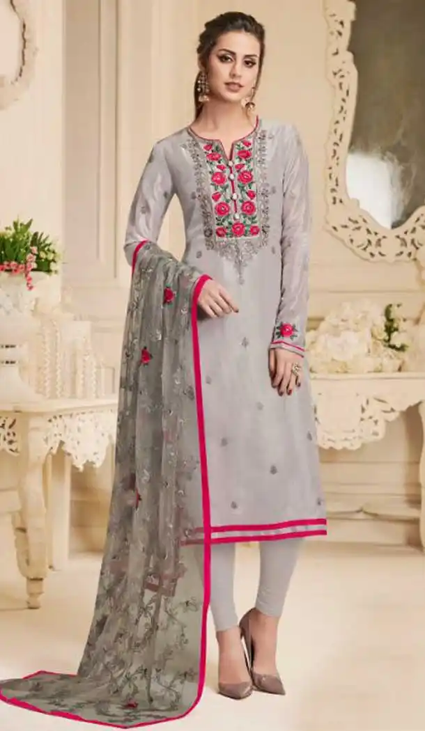 Pakistani Style Pure Upada Silk Grey Color Salwar Kameez - 393147367
