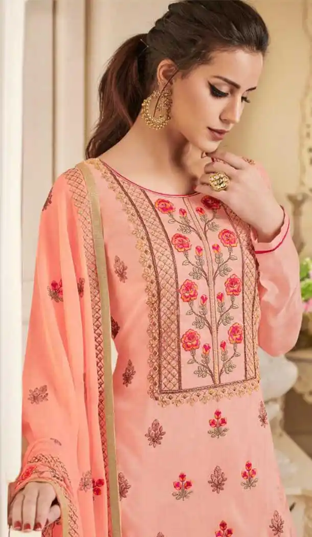 Pakistani Style Pure Upada Silk Peach Color Salwar Kameez - 393147368