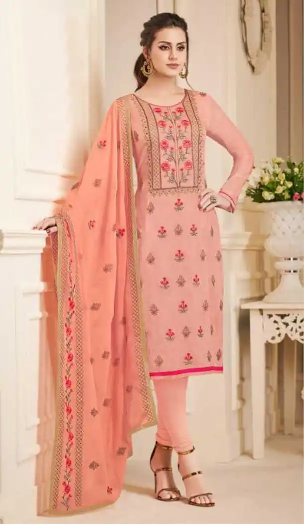 Pakistani Style Pure Upada Silk Peach Color Salwar Kameez - 393147368