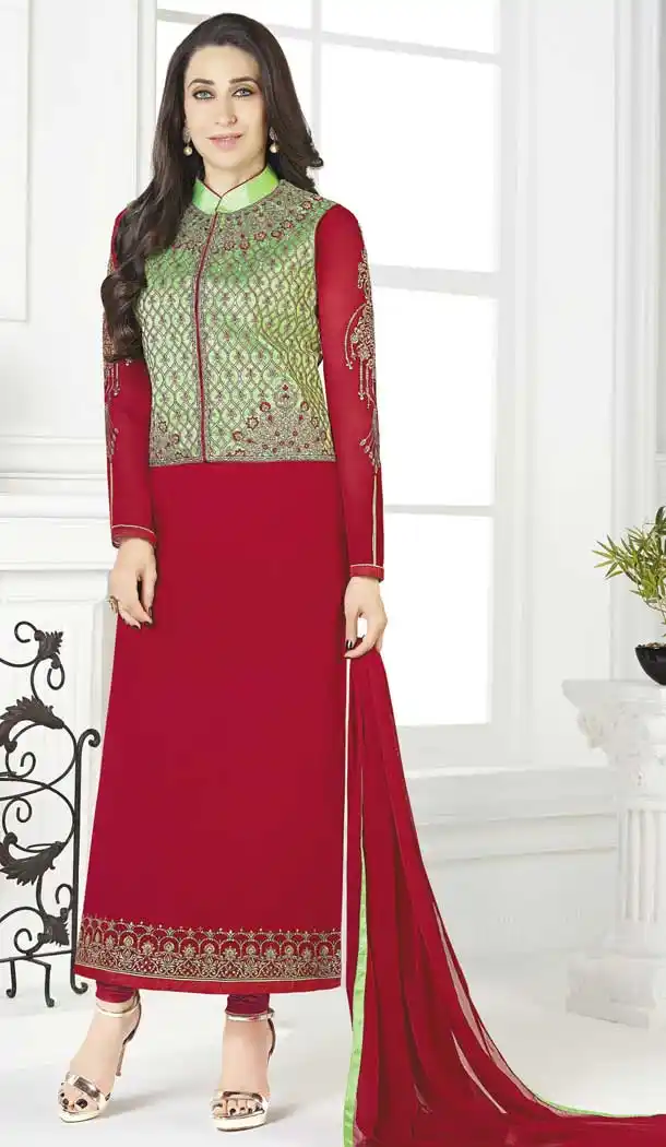 Red Bollywood Celebrity Karisma Kapoor Salwar Kameez with Jacket - 393547410
