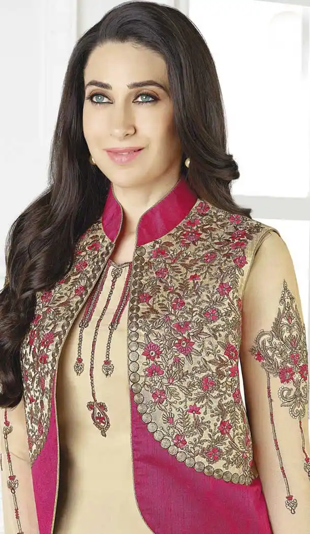 Cream Bollywood Celebrity Karisma Kapoor Salwar Kameez with Jacket - 393547411