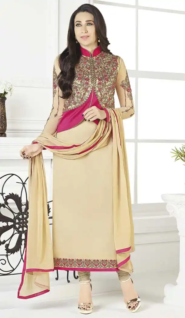 Cream Bollywood Celebrity Karisma Kapoor Salwar Kameez with Jacket - 393547411