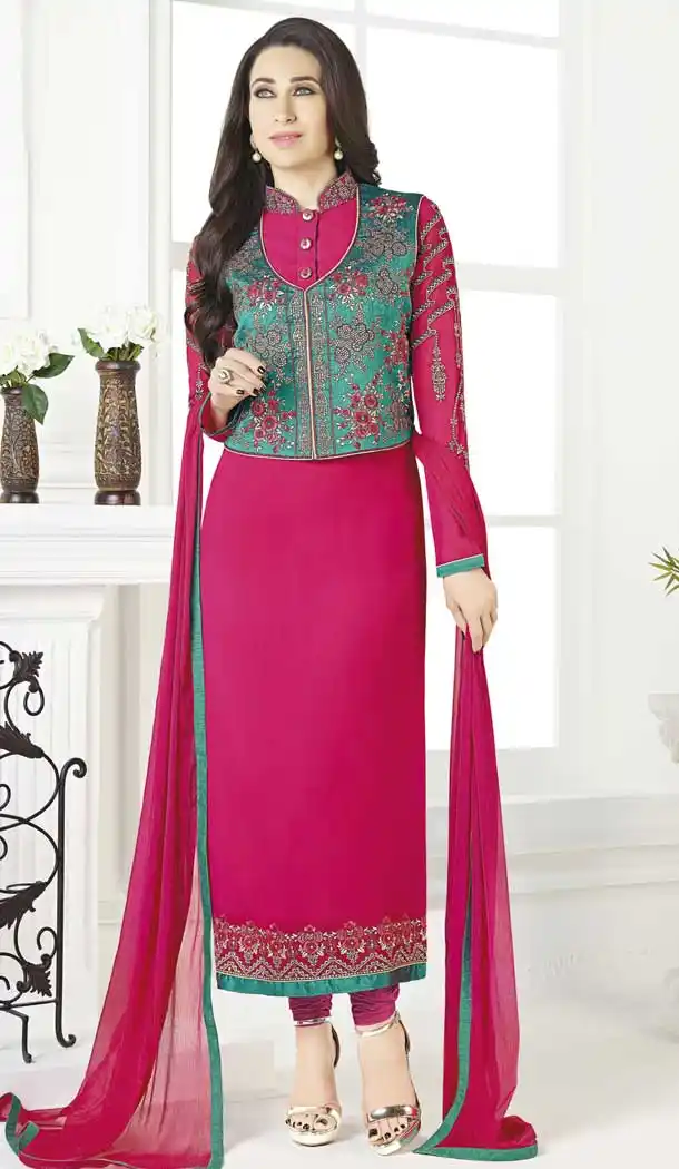 Royal pink Bollywood Celebrity Karisma Kapoor Salwar Kameez with Jacket - 393547412