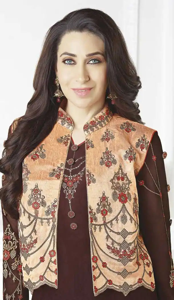 Brown Bollywood Celebrity Karisma Kapoor Salwar Kameez with Jacket - 393547413