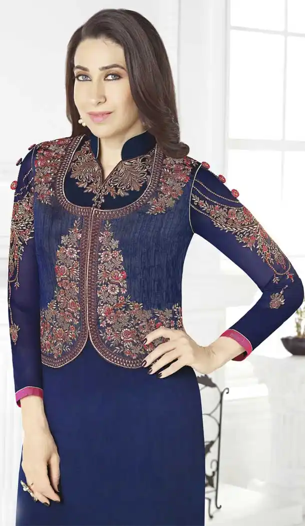 Navy Blue Bollywood Celebrity Karisma Kapoor Salwar Kameez with Jacket - 393547414
