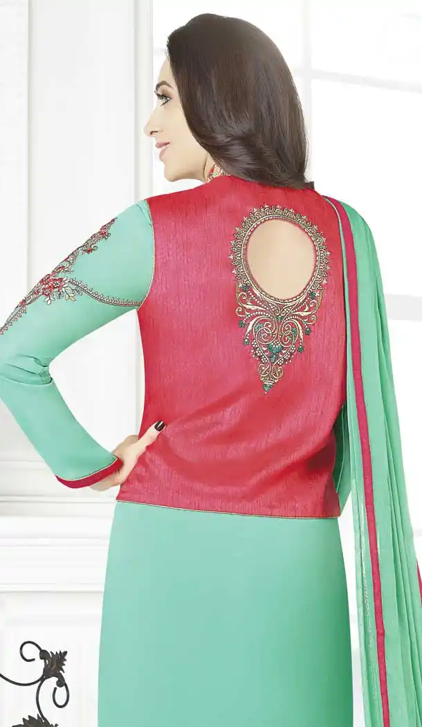 Aqua Green Bollywood Celebrity Karisma Kapoor Salwar Kameez with Jacket - 393547415