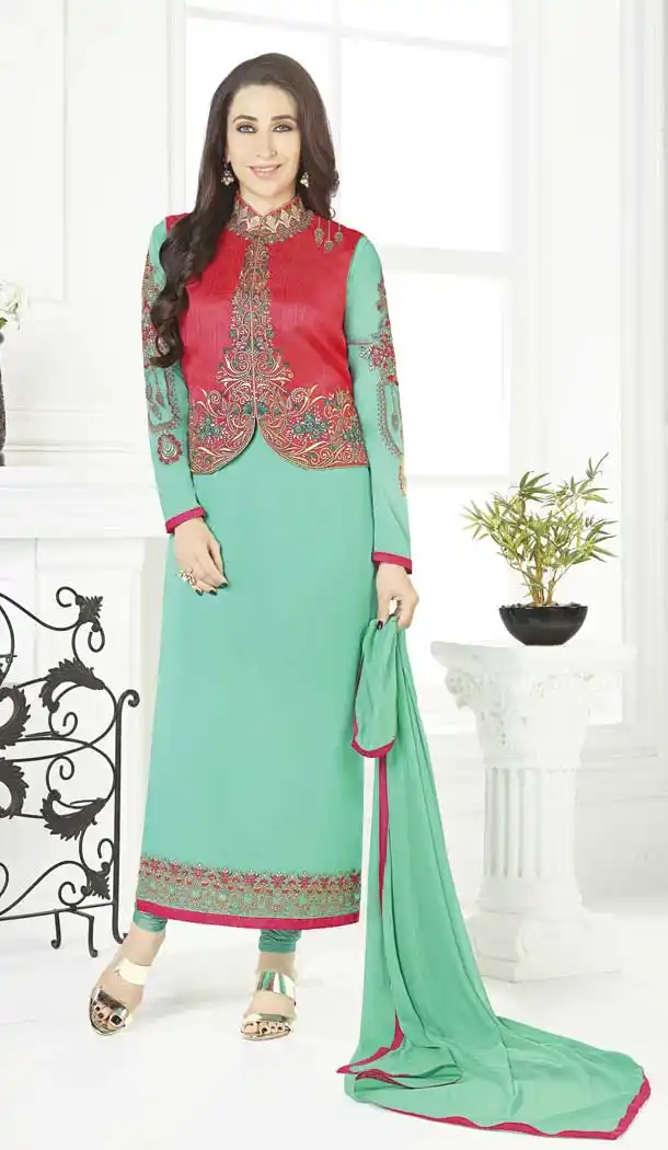Aqua Green Bollywood Celebrity Karisma Kapoor Salwar Kameez with Jacket - 393547415
