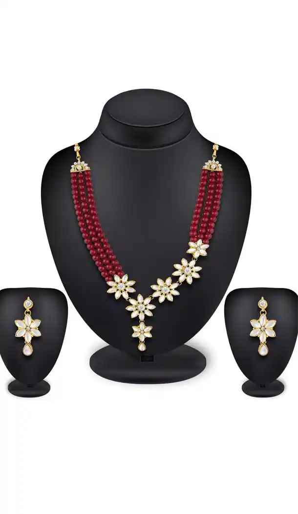 Red Gold Color Kundan Imitation Jewellery Necklace Set - 392947328