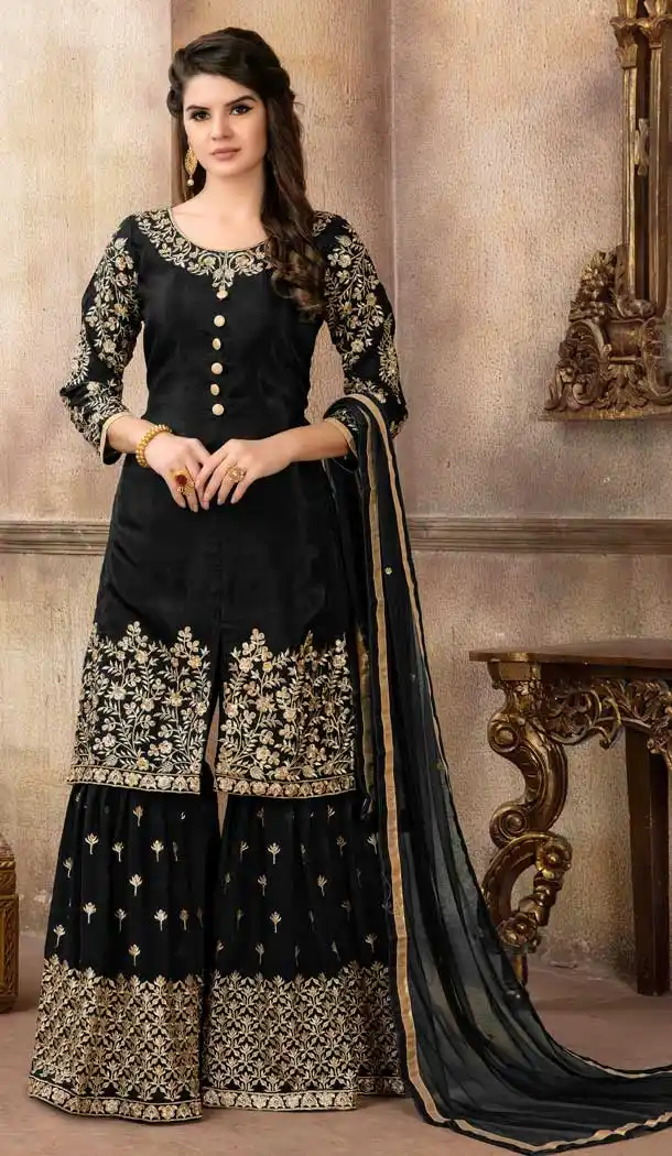 Black Color Art Silk Pakistani Designer Sharara Suit - 58547802