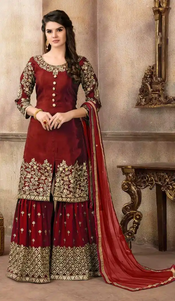 Maroon Color Art Silk Pakistani Designer Sharara Suit - 58547805