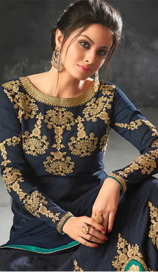 Navy Blue Color Art Silk Indo Western Designer Lehenga Suit - 58677974