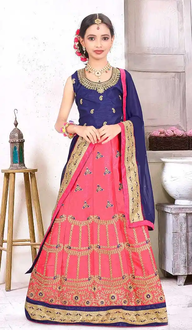 Pink Color Japan Silk Designer Kids Girl Lehenga Choli - 392847310