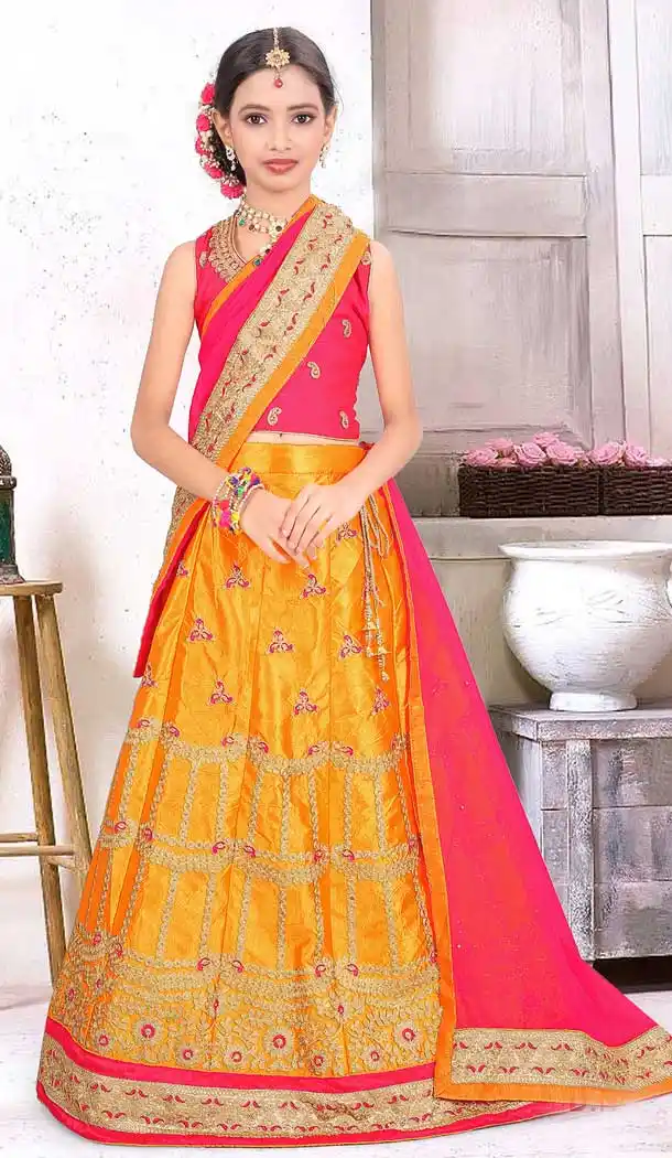 Yellow Color Japan Silk Designer Kids Girl Lehenga Choli - 392847312