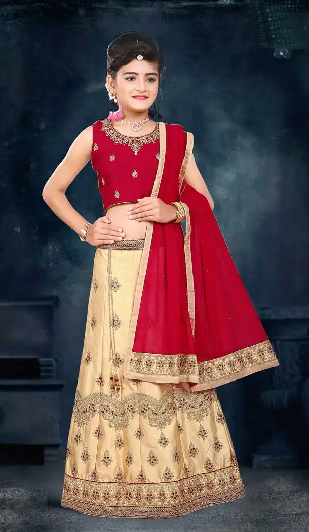 Cream Color Japan Silk Designer Kids Girl Lehenga Choli - 392847315