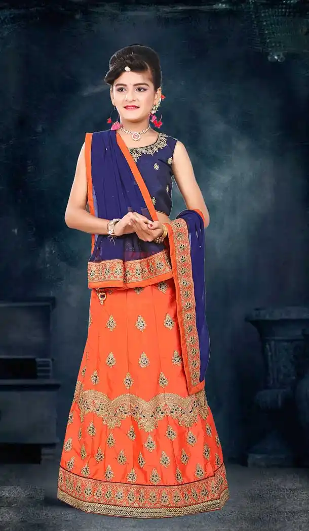 Orange Color Japan Silk Designer Kids Girl Lehenga Choli - 392847317