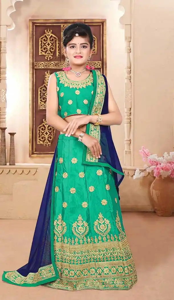 Green Color Japan Silk Designer Kids Girl Lehenga Choli - 392847318