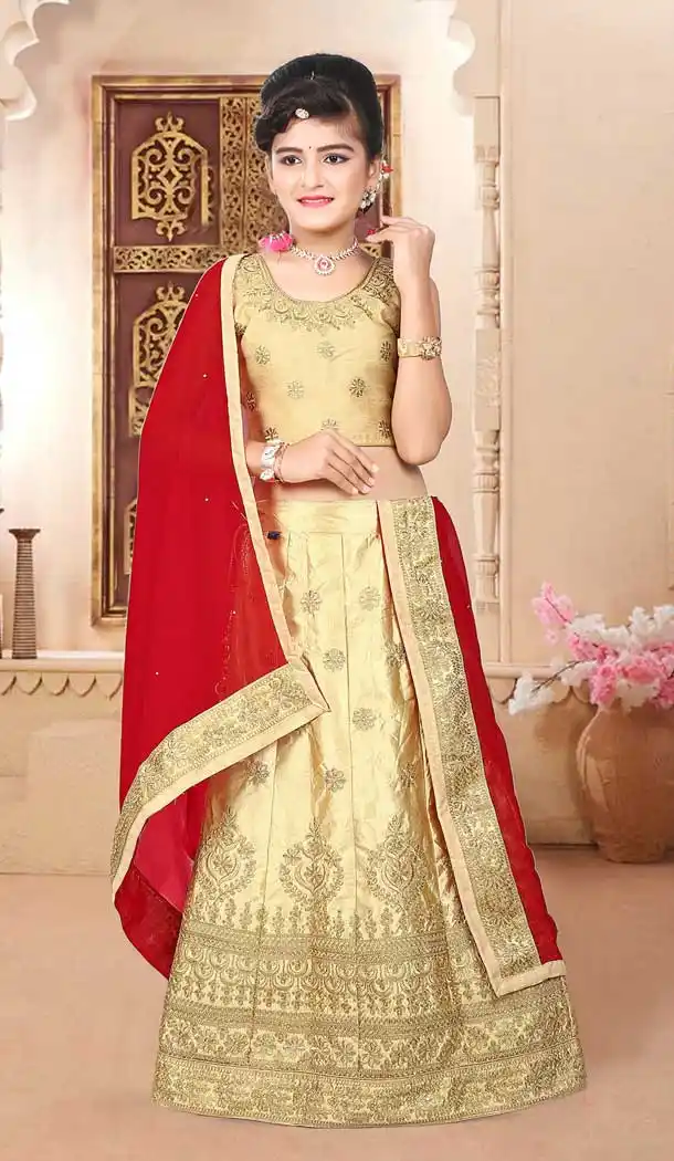 Cream Color Japan Silk Designer Kids Girl Lehenga Choli - 392847319