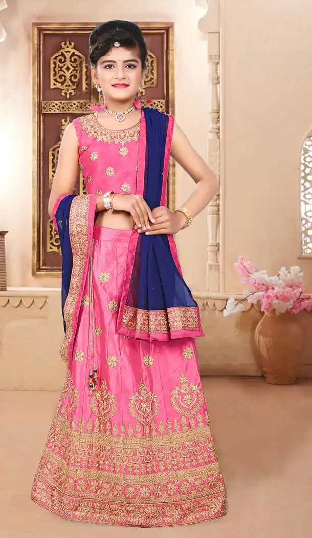 Light Pink Color Japan Silk Designer Kids Girl Lehenga Choli - 392847321