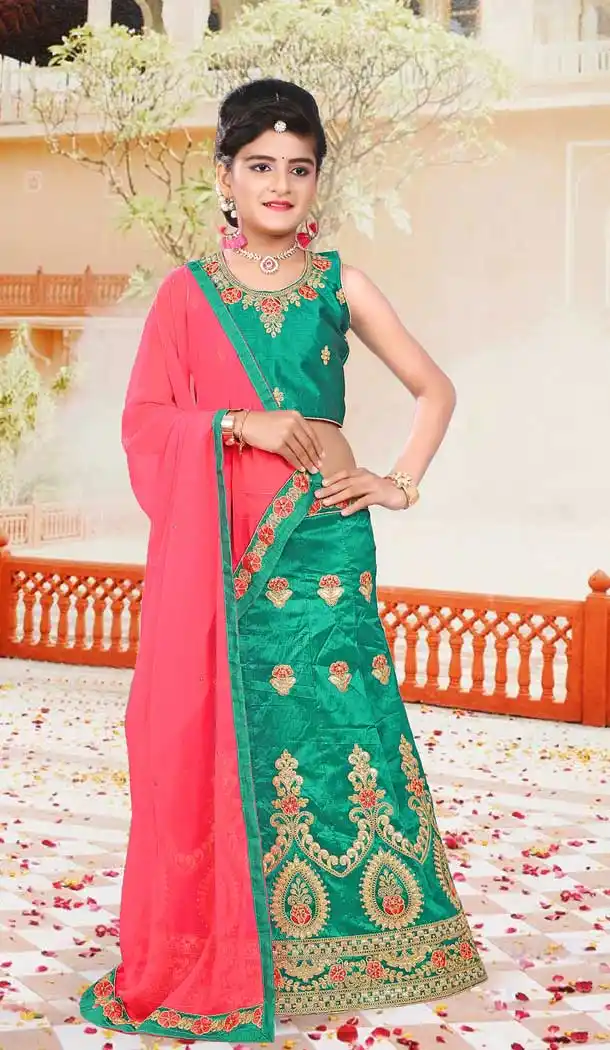 Green Color Japan Silk Designer Kids Girl Lehenga Choli - 392847322