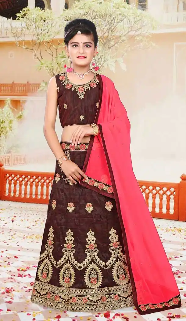 Brown Color Japan Silk Designer Kids Girl Lehenga Choli - 392847323
