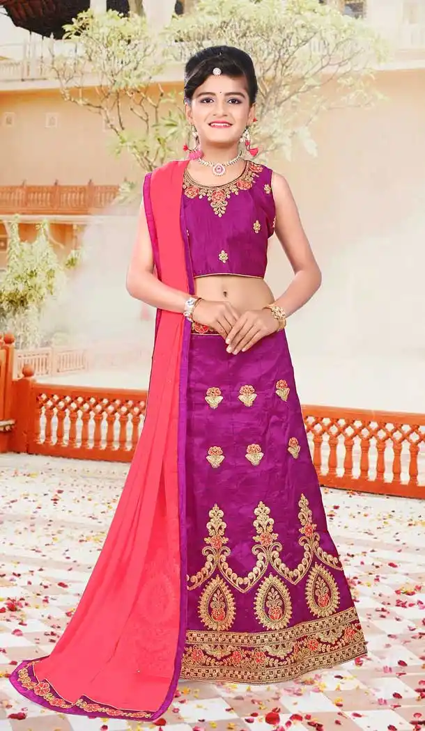 Dark Pink Color Japan Silk Designer Kids Girl Lehenga Choli - 392847325