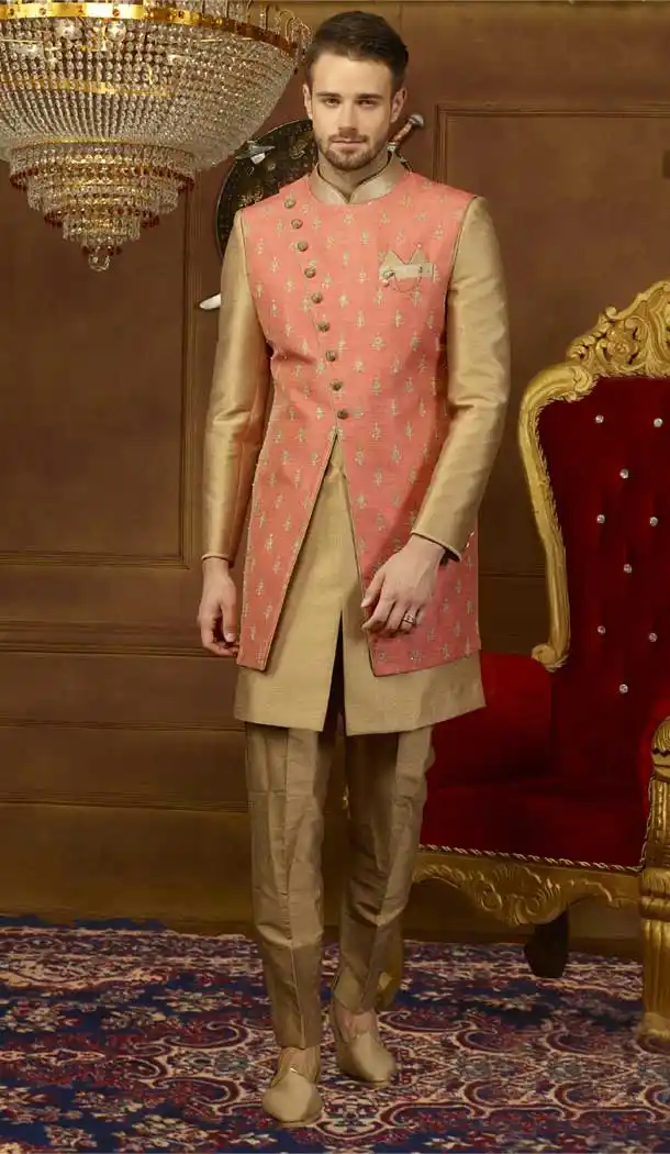 Carrot, Gold Banarasi Silk Men Kurta Pajama with Plus Size - 395747791