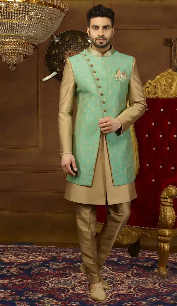Sea Green Banarasi Silk Stitched Kurta Pajama with Plus Size - 395747792