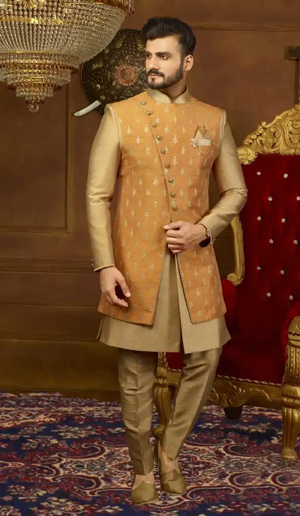 Rust Color Banarasi Silk Men's Kurta Pajama with Plus Size - 395747793