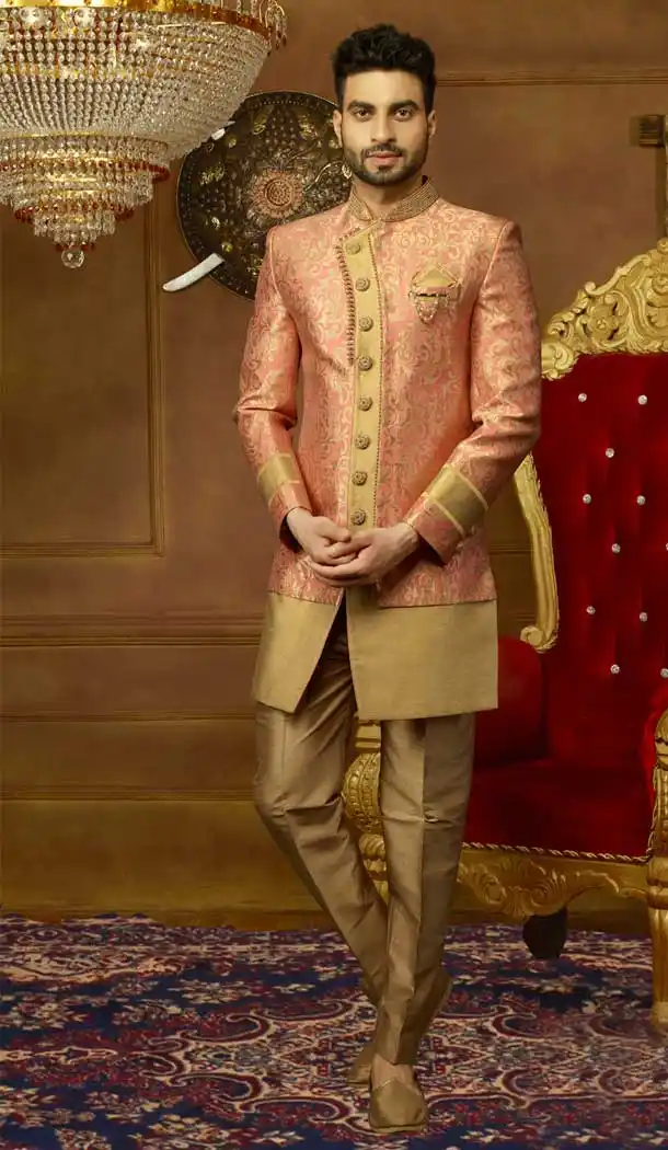 Dark Peach Jacquard Silk Ready Made Kurta Pajama with Plus Size - 395747794