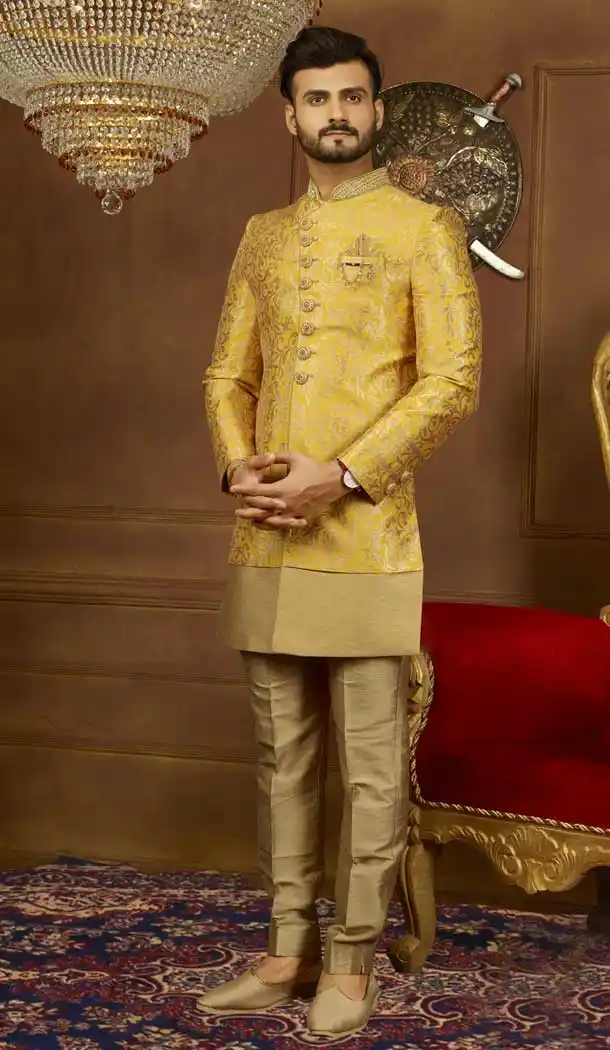 Yellow Jacquard Silk Ready Made Kurta Pajama with Plus Size - 395747795