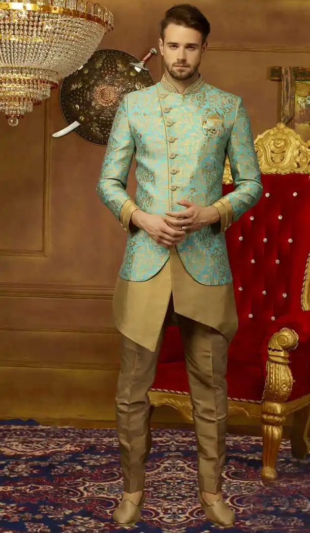 Teal Jacquard Silk Ready made Kurta Pajama with Plus Size - 395747796