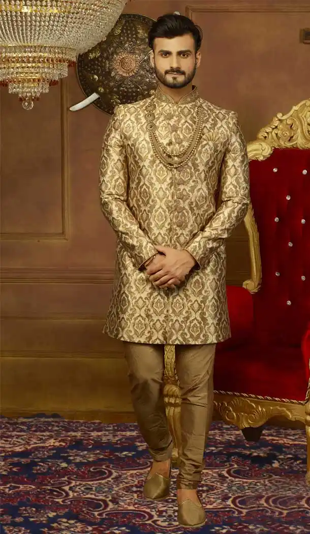 Gold Jacquard Silk Ready Made Kurta Pajama with Plus Size - 395747797