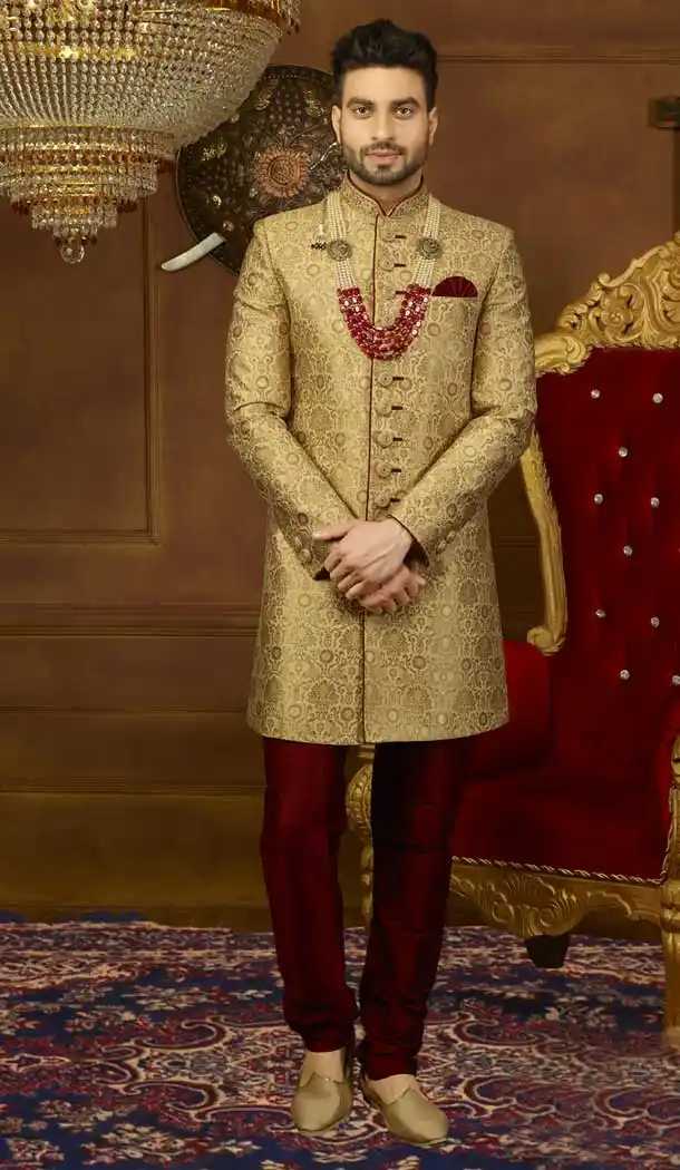 Gold Jacquard Silk Ready Made Kurta Pajama with Plus Size - 395747798