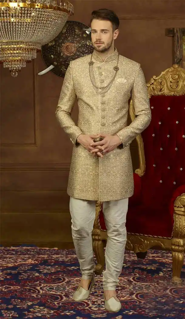 Designer Gold Jacquard Silk Men Kurta Pajama with Plus Size - 395747799